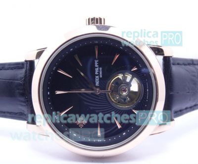 Replica Patek Philippe Geneve Black Dial Black Leather Strap Watch